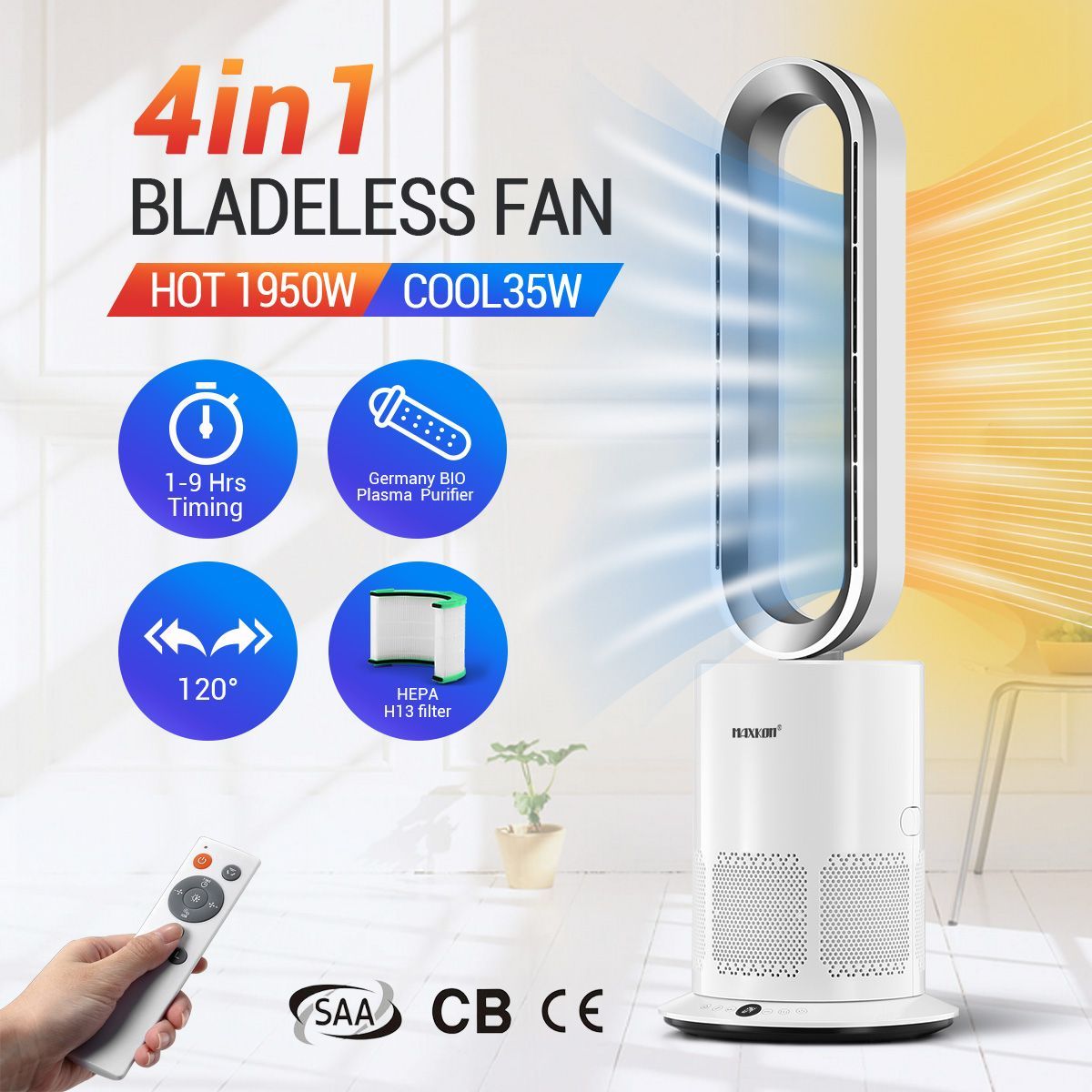 4 in 1 Bladeless Tower Fan Electric Cool Air Hot Heater HEPA Filter Plasma Disinfection Purifier Oscillation
