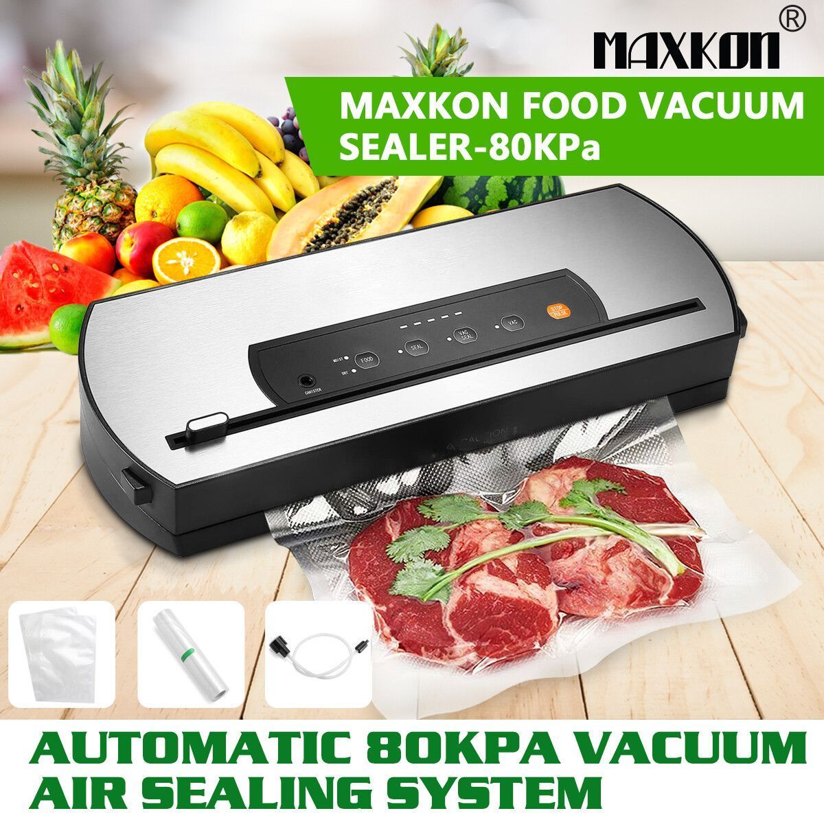 Maxkon 80Kpa Vacuum Sealer Food Packing Machine Packer Air Tight System Sliding Cutter with Storage Bags