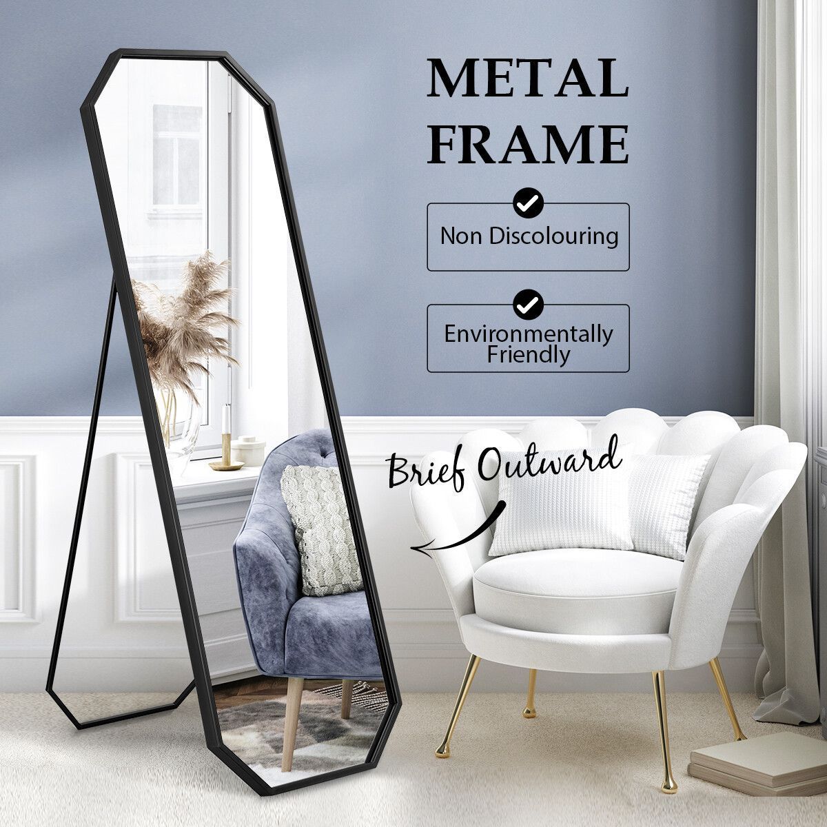 Hexagonal Full Length Mirror Free Standing Floor Vanity Dressing Foldable Stand Metal Frame Black