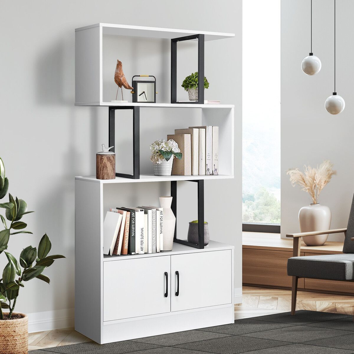LUXSUITE 4 Tier Display Shelf Storage Cabinet Bookshelf Bookcase Ladder Stand Rack with 2 Lockable Doors