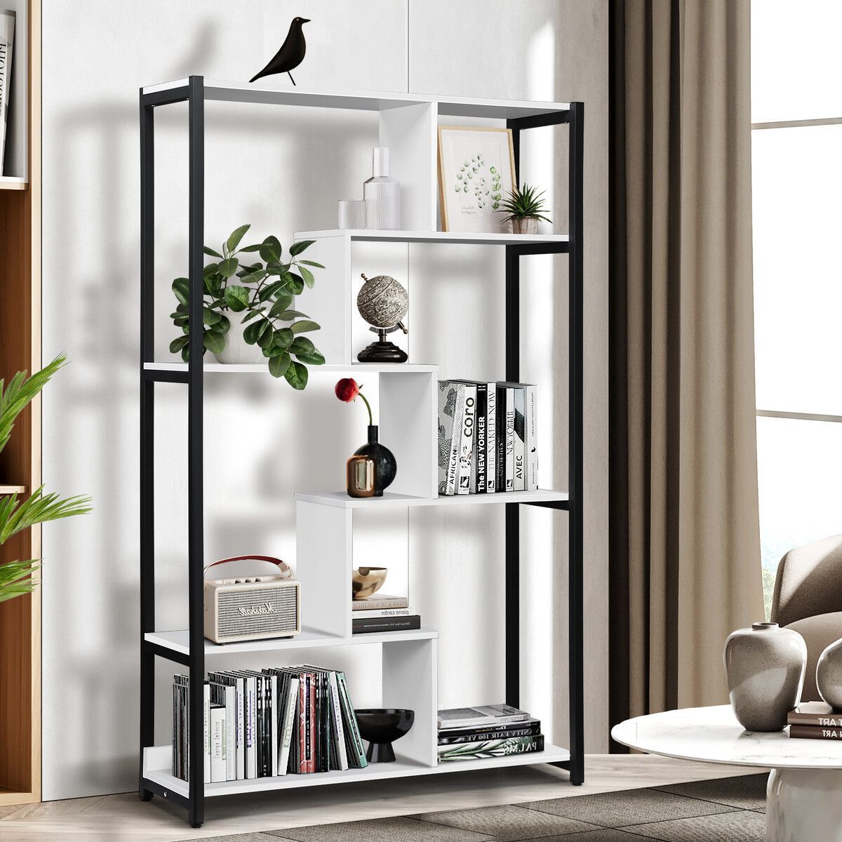 LUXSUITE 6 Tier Bookshelf Wooden Bookcase Display Shelf Metal Shelving Unit Storage Rack