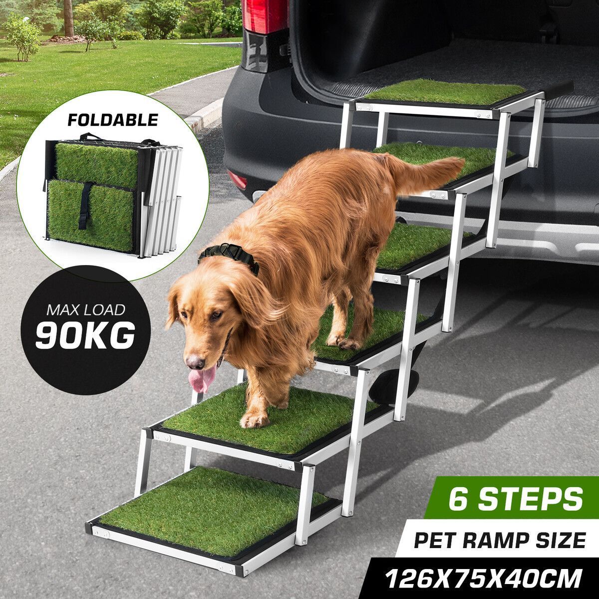 6 Steps Aluminium Dog Cat Pet Ramp Stairs Ladder Folding with Artificial Grass Surface