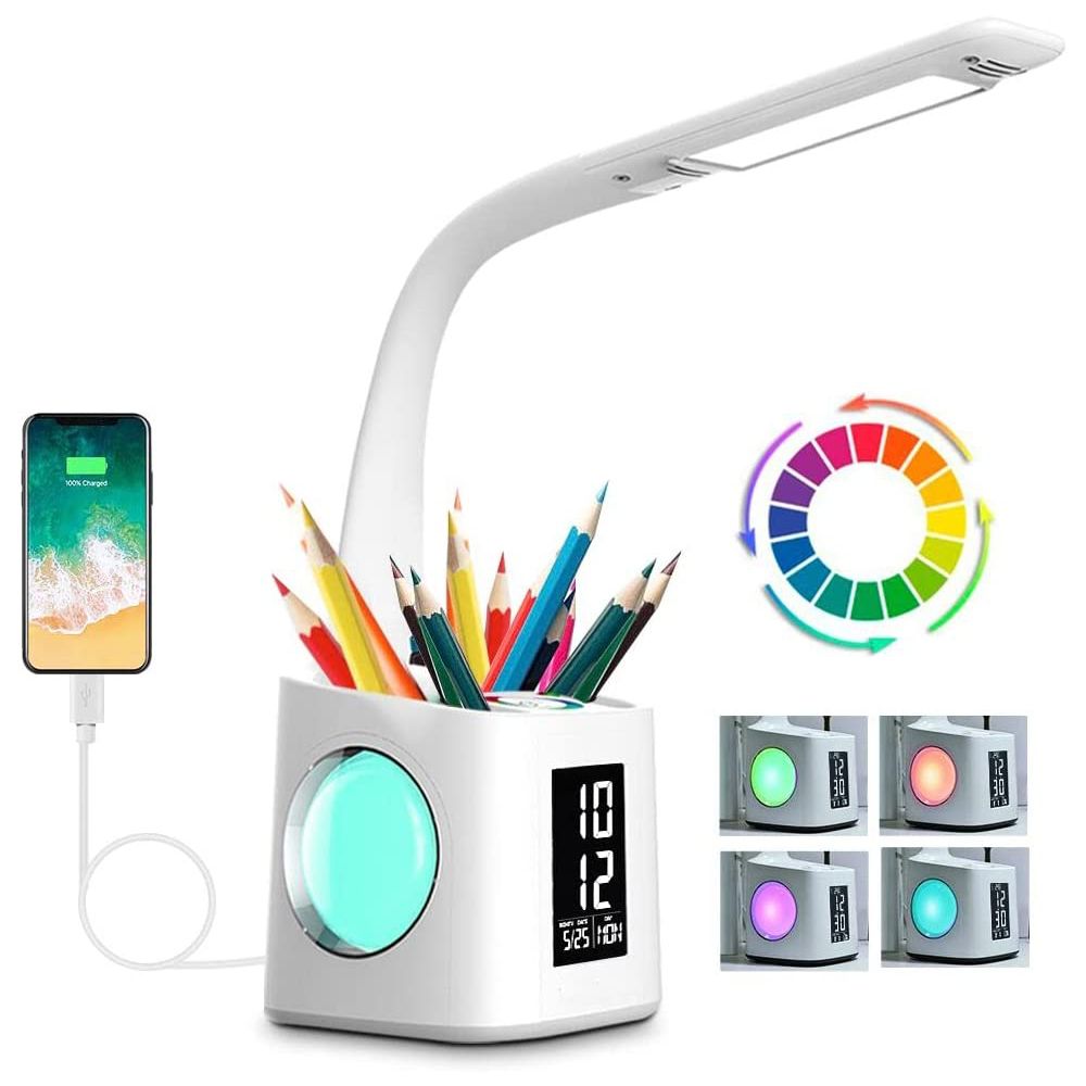 LED Study Desk Lamp with USB Charging Port, Display, Calendar and Color Night Light, Dimmable LED Table Lamp