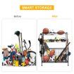 All-in-one Ball Storage Rack Sports Equipment Garage Organizer Basketball Holder Cart with Wheels Hooks Metal