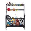 All-in-one Ball Storage Rack Sports Equipment Garage Organizer Basketball Holder Cart with Wheels Hooks Metal