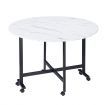 Marble Dining Table Foldable Wood Drop Leaf Multifunctional Desk Wheels Metal Legs White