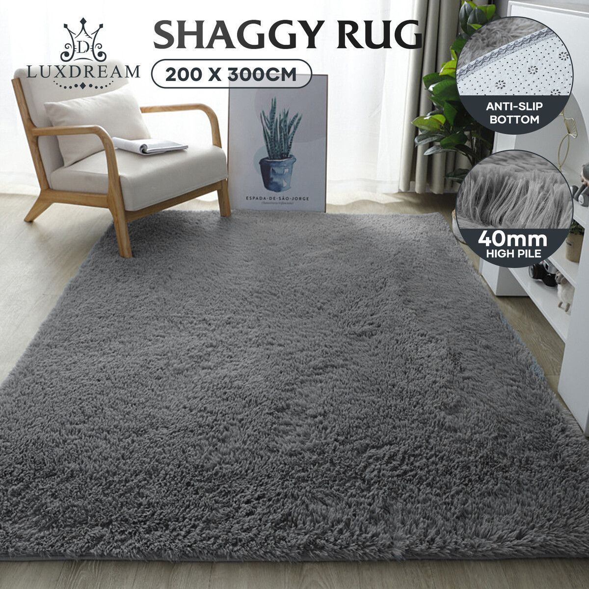 Fluffy Shaggy Area Rug Large Floor Mat Living Room Bedroom Carpet Grey 200x300CM