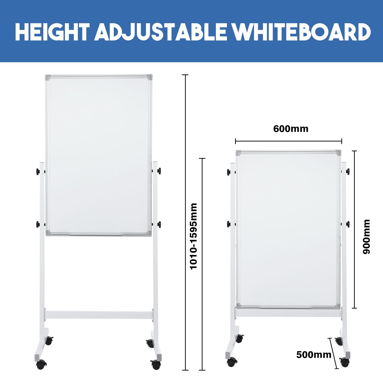 Double Sided Interactive Whiteboard Magnetic Mobile White Board Dry Erase Casters Stand 60cmx90cm Height Adjustable