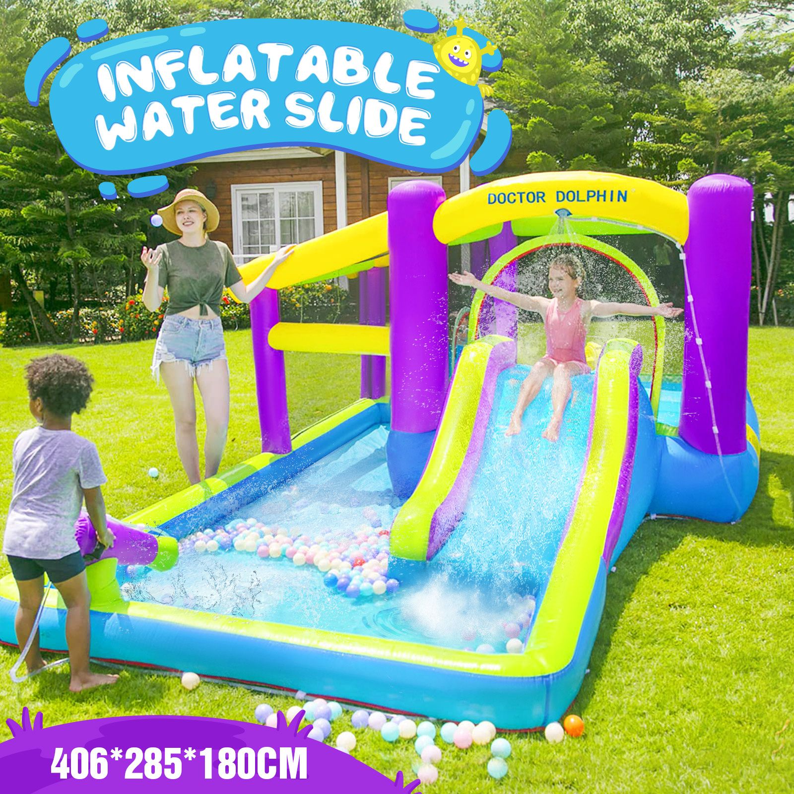 Doctor Dolphin Bounce House Waterslide for Kids Backyard Outdoor Pool with Slide Water Inflatable Park Gun Splash
