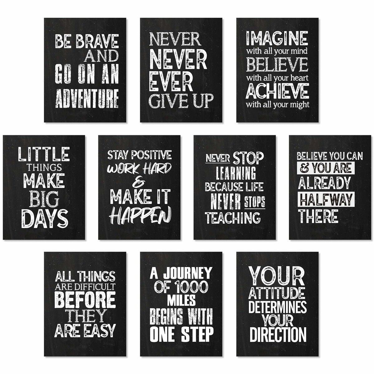 10 Pieces Inspirational Wall Posters Motivational Quote Posters Positive with 80 Glue Point Dots Decorations Black White,20x25cm
