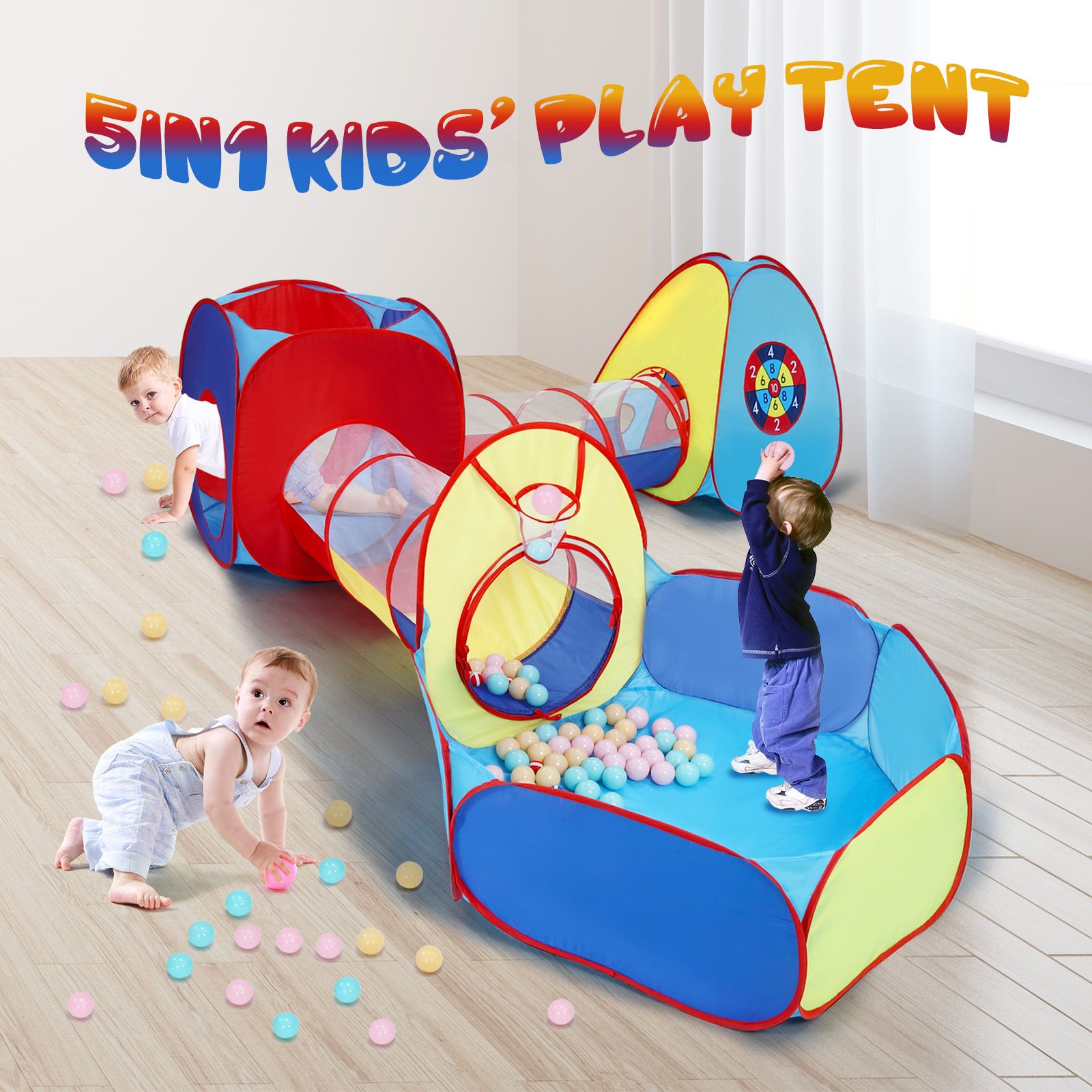 Kids Teepee Tent Pop Up 5 In 1 Playhouse Crawl Tunnel Ball Pit