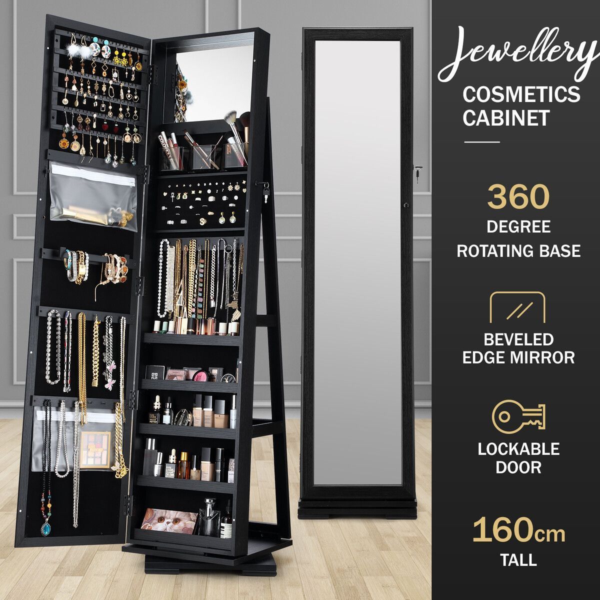 Jewellery Organiser Makeup Storage Cabinet Mirror Armoire 360 Degree Rotating Wood Necklace Earring Ring Holders