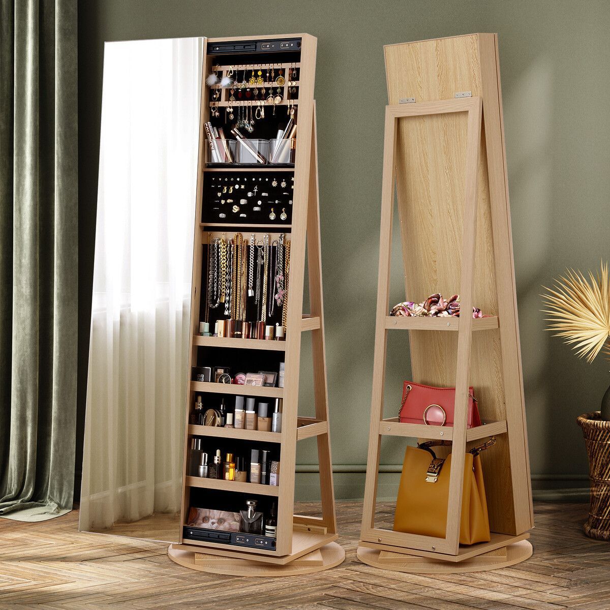 Jewellery Organiser Cabinet Makeup Storage Mirror 360 Degree Rotatable Armoire Ring Necklace Earring Holders Wood