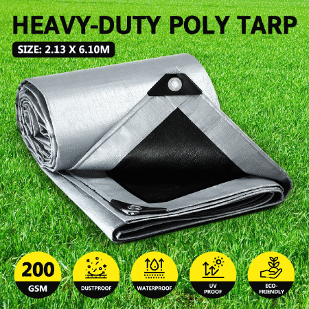 Tarpaulin Car Cover Camping Poly Tarp Tent Shelter Heavy Duty Waterproof Canvas for Boat Pool Ground Floor Roof RV 200gsm 2.13m X 6.10m
