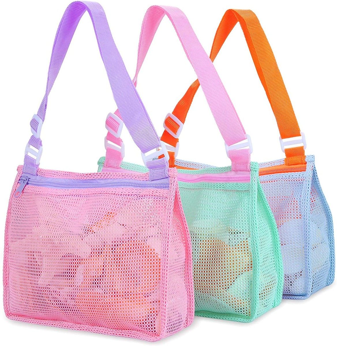 Beach Toy Mesh Beach Bag Kids Shell Collecting Bag Beach Sand Toy Seashell Bag for Holding Swimming Accessories for Boys and Girls(Only Bags,A Set of 3 )