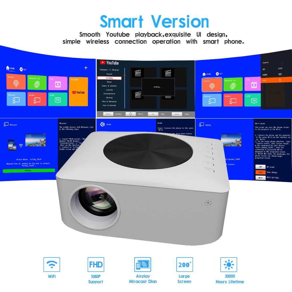 Y2 Mini Projector LED Home Cinema 1080P Video Projector Full HD 800*2480 Resolution Android Wifi Optional LCD Movie Beamer