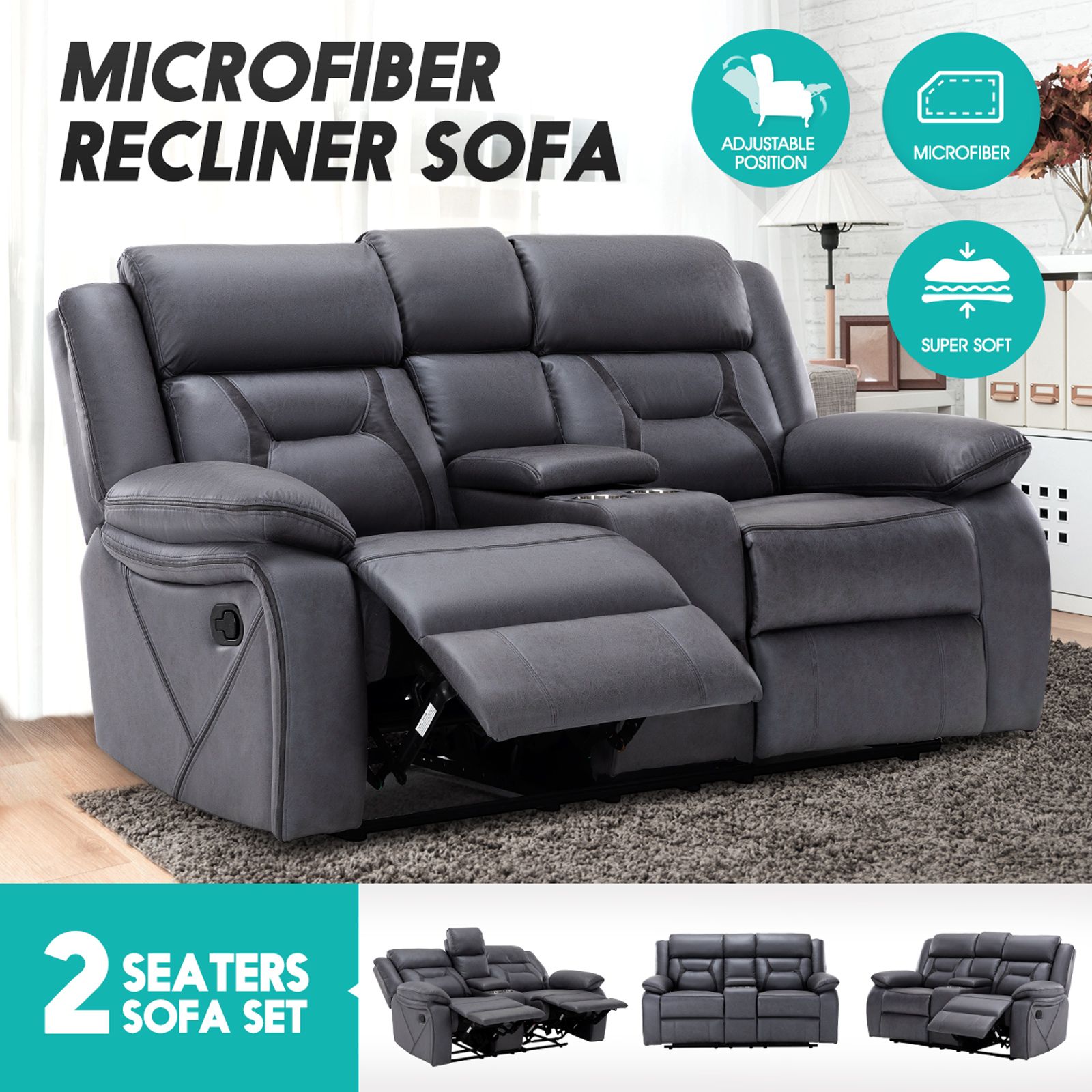 2 Seater Sofa Recliner Chair Armchair Couch Lounge Living Room Chairs ...