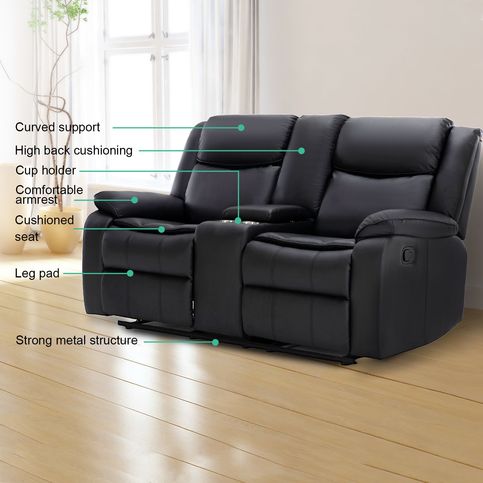 Naomi Home Suri Kids Recliner Loveseat | 2-Seater With Cup Holders & Footrests, Black Chenille For Playroom & Movie Nights