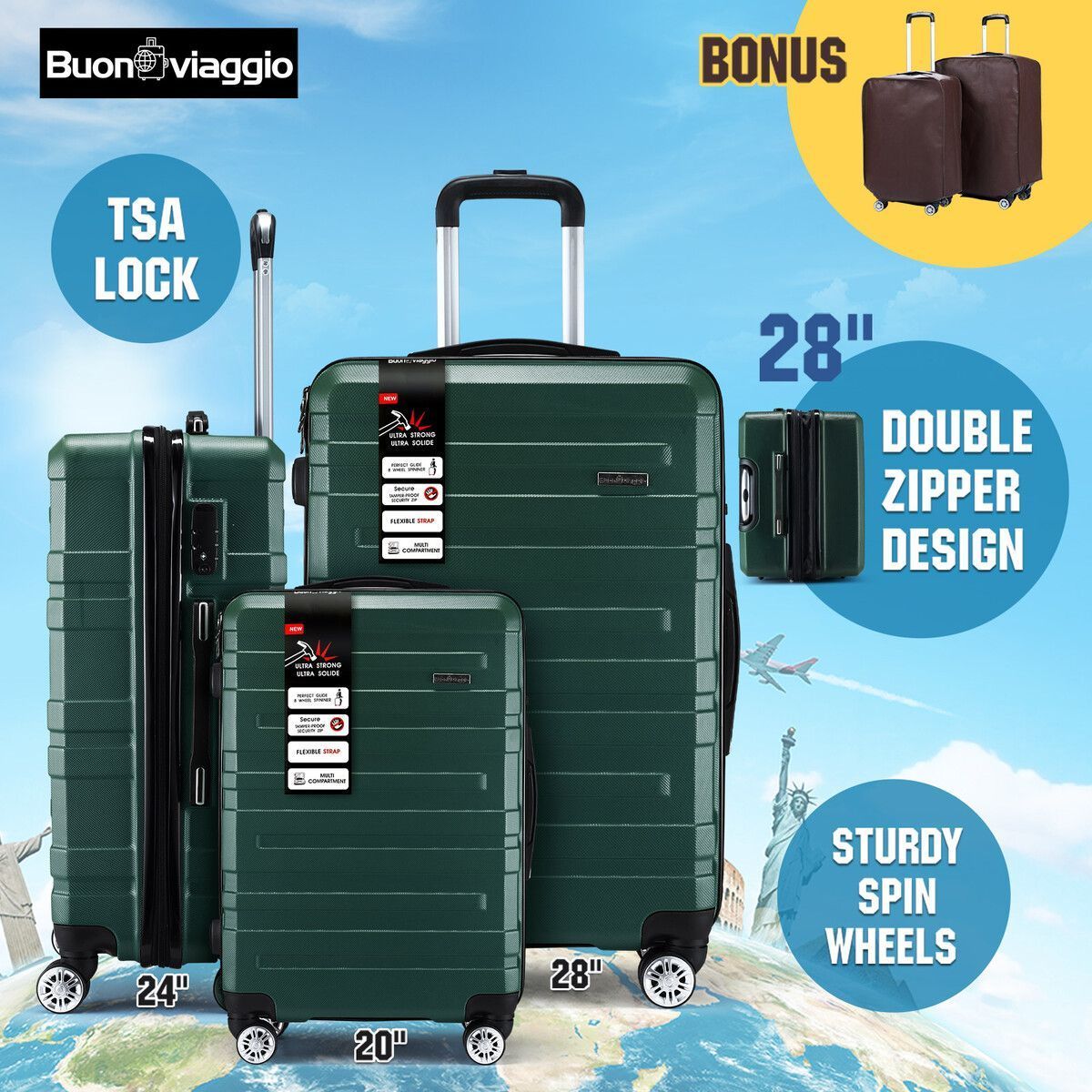 3 Piece Luggage Set Hard Carry On Travel Suitcases Trolley Lightweight with TSA Lock and 2 Covers Green