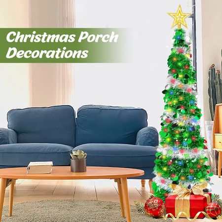 1.8m Tinsel Prelit Pop up Christmas Tree with 5m 50 LED Lights for Xmas Decoration Party Supplies Green Color(3AA Batteries Not Included)