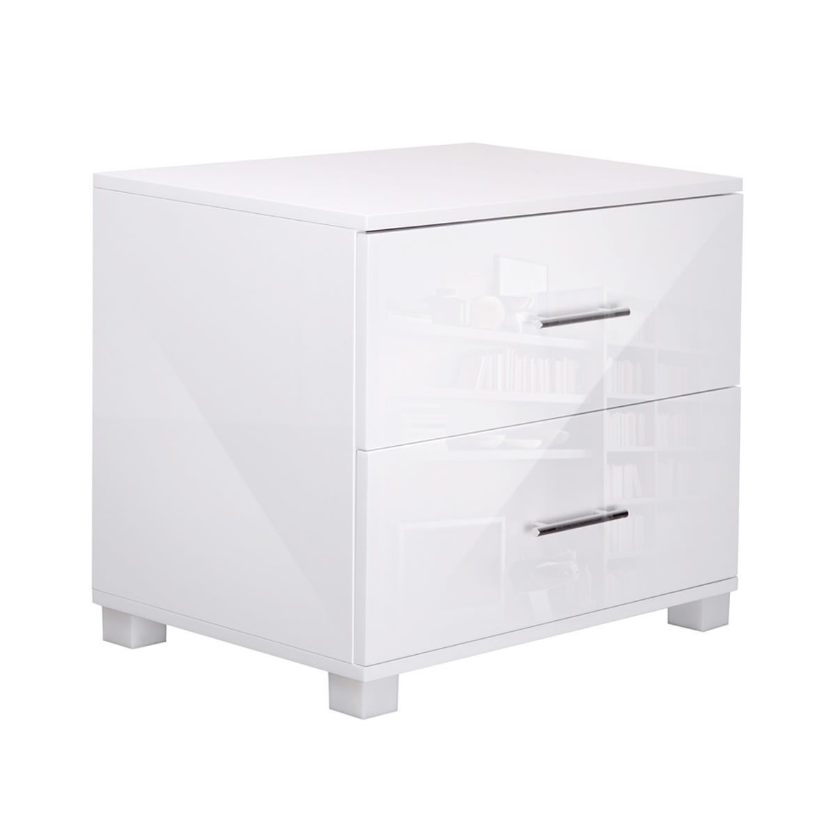 High Gloss Two Drawers Bedside Table Cabinet Lamp Unit - White