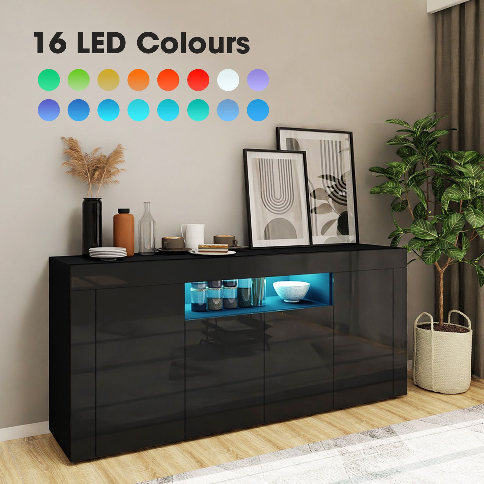 Black LED TV Unit Buffet Sideboard Cupboard Entertainment Centre