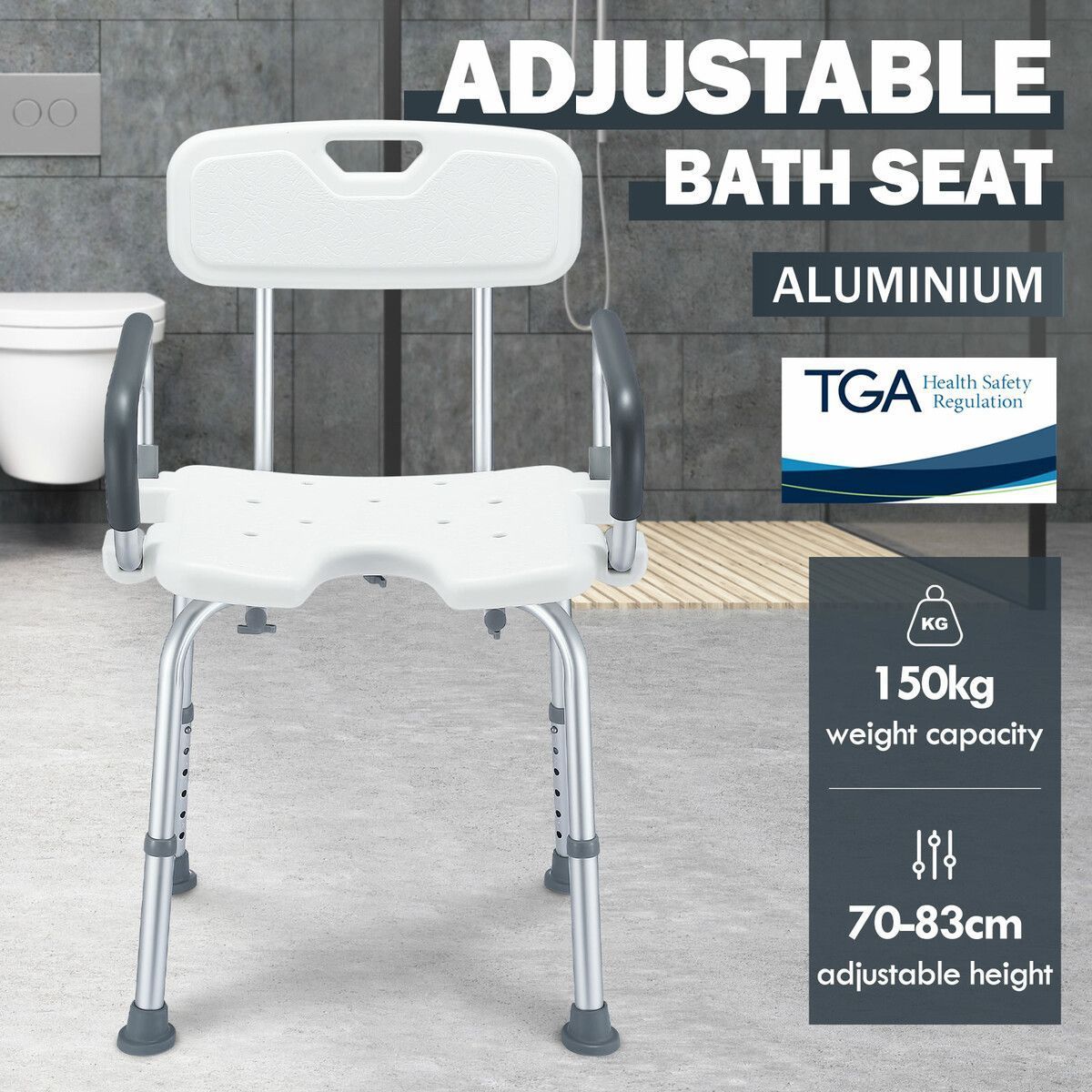 Shower Chair Seat Bath Stool Adjustable Bathroom Furniture Bathtub Seating Bench for Elderly Disabled with Arms