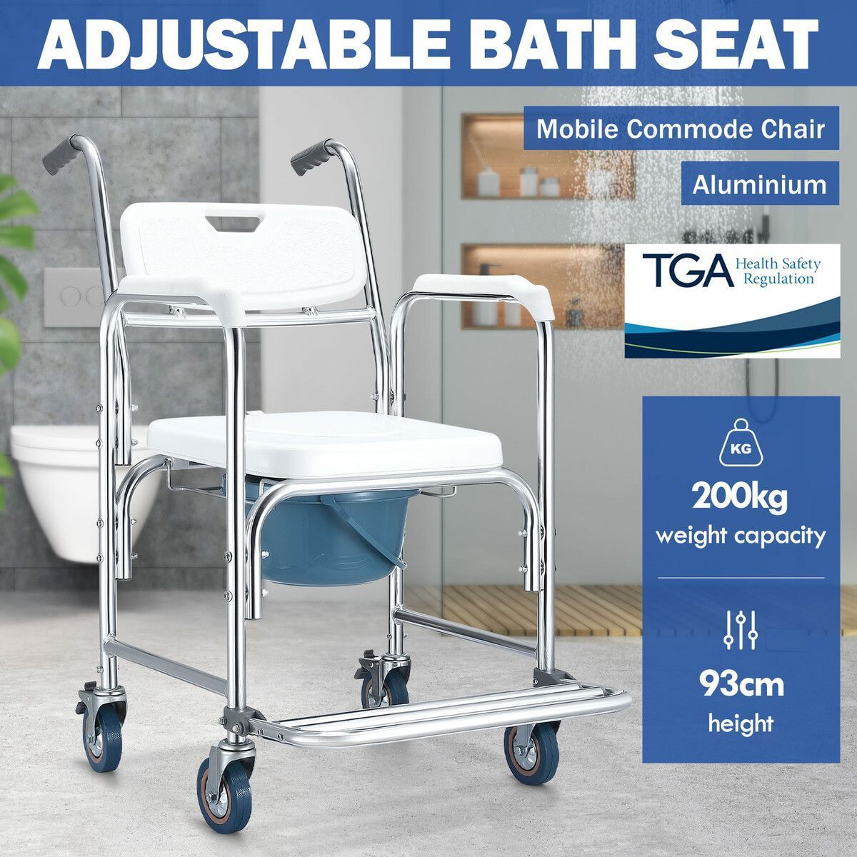 Commode Shower Chair Toilet Wheelchair 3 in 1 Bath Stool Bathroom Bedside Seat Seating Furniture Folding with Arms
