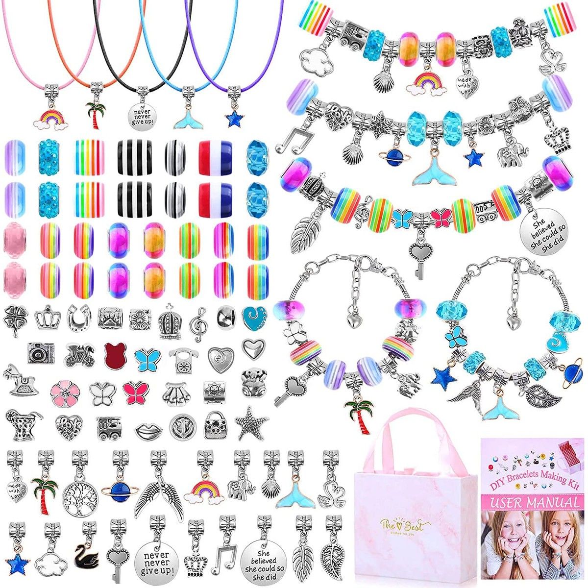 97 PCs Charm Bracelet Making Kit With Beads Jewelry Charms Bracelets for DIY Craft Jewelry Gift for Teen Girls