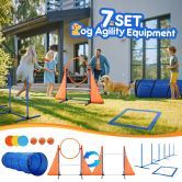 Dog Agility Equipment Obstacle Training Course 7 Set Pet Toys Supplies Hurdle Jump Tire Tunnel Pause Box Weave Poles Frisbees Balls Carry Bags