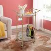 Gold Bar Cart Drinks Trolley Wine Coffee Tea Kitchen Outdoor Serving Round 2 Mirror Shelves Wine Holders Hooks Handles