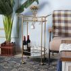 Gold Bar Cart Drinks Trolley Wine Coffee Tea Kitchen Outdoor Serving Round 2 Mirror Shelves Wine Holders Hooks Handles