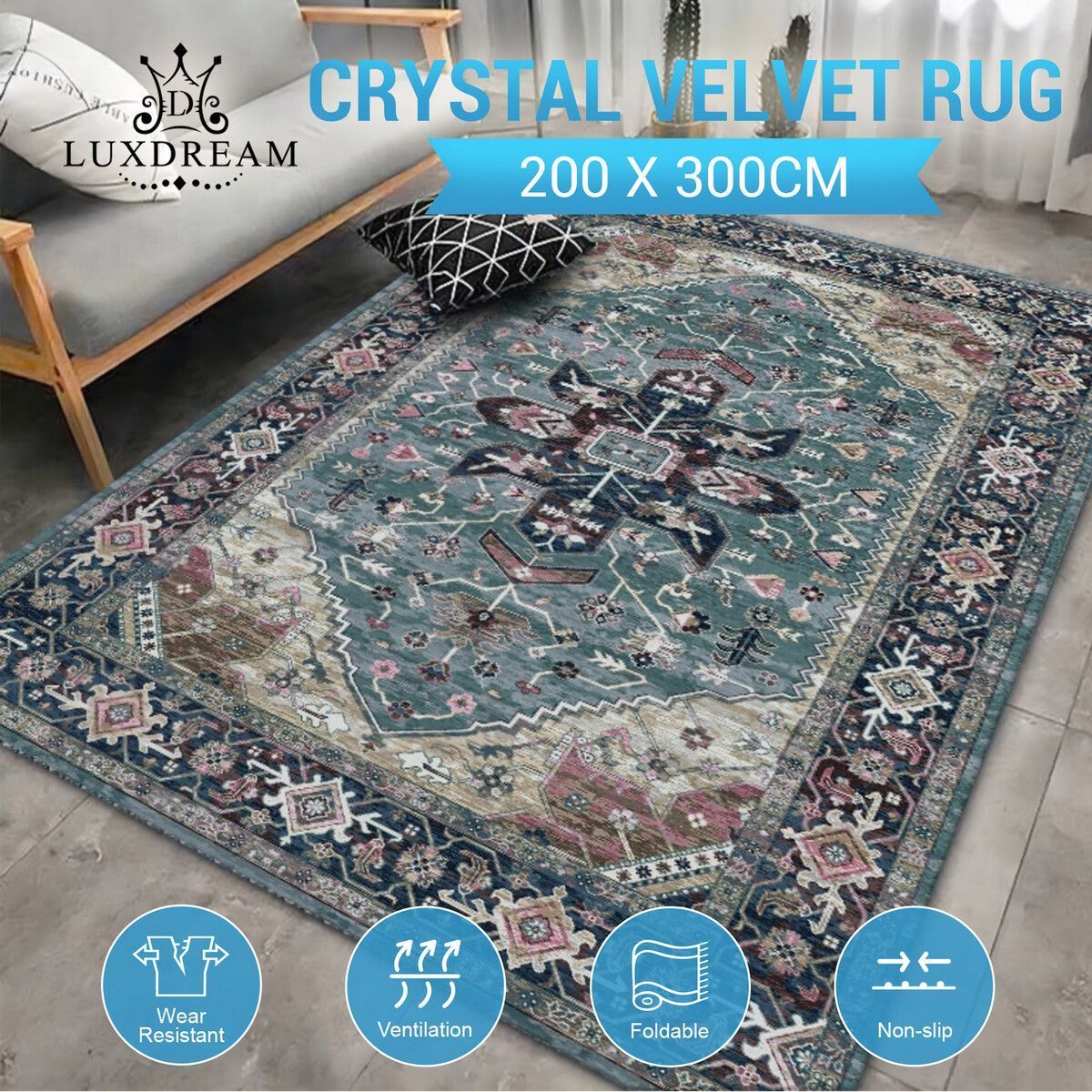 Large Carpet Floor Mat Blue Bedroom Area Rug Living Room Nursery Non Slip Washable Rectangle European Retro Print Velvet