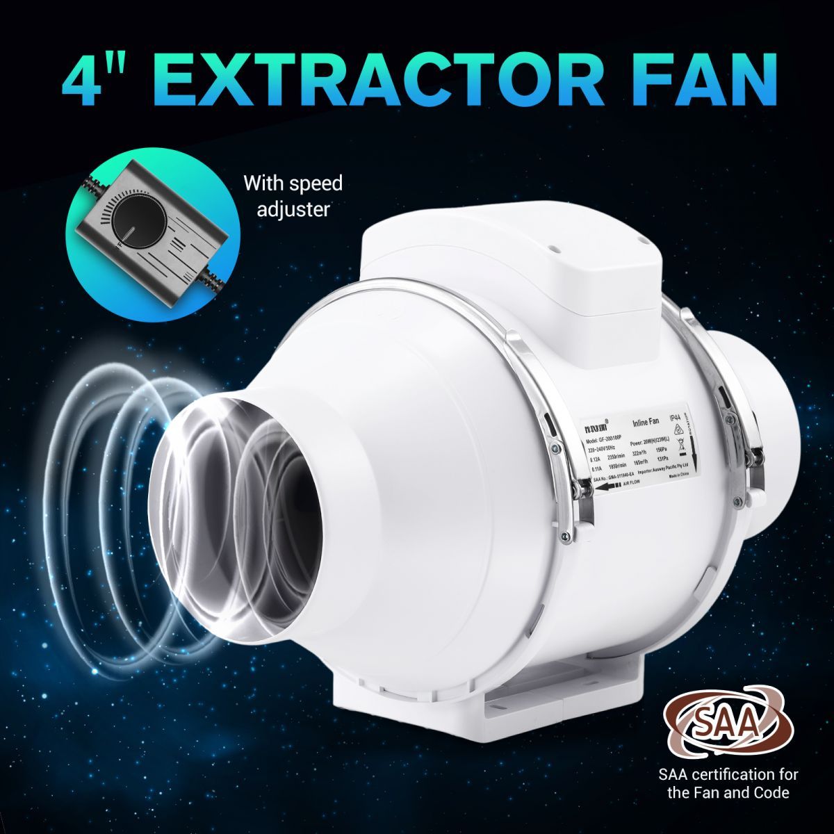 Inline Extractor Fan Exhaust Duct Bathroom Kitchen Room Airflow Ventilator Ventilation System Industrial Commercial Quiet with Speed Controller