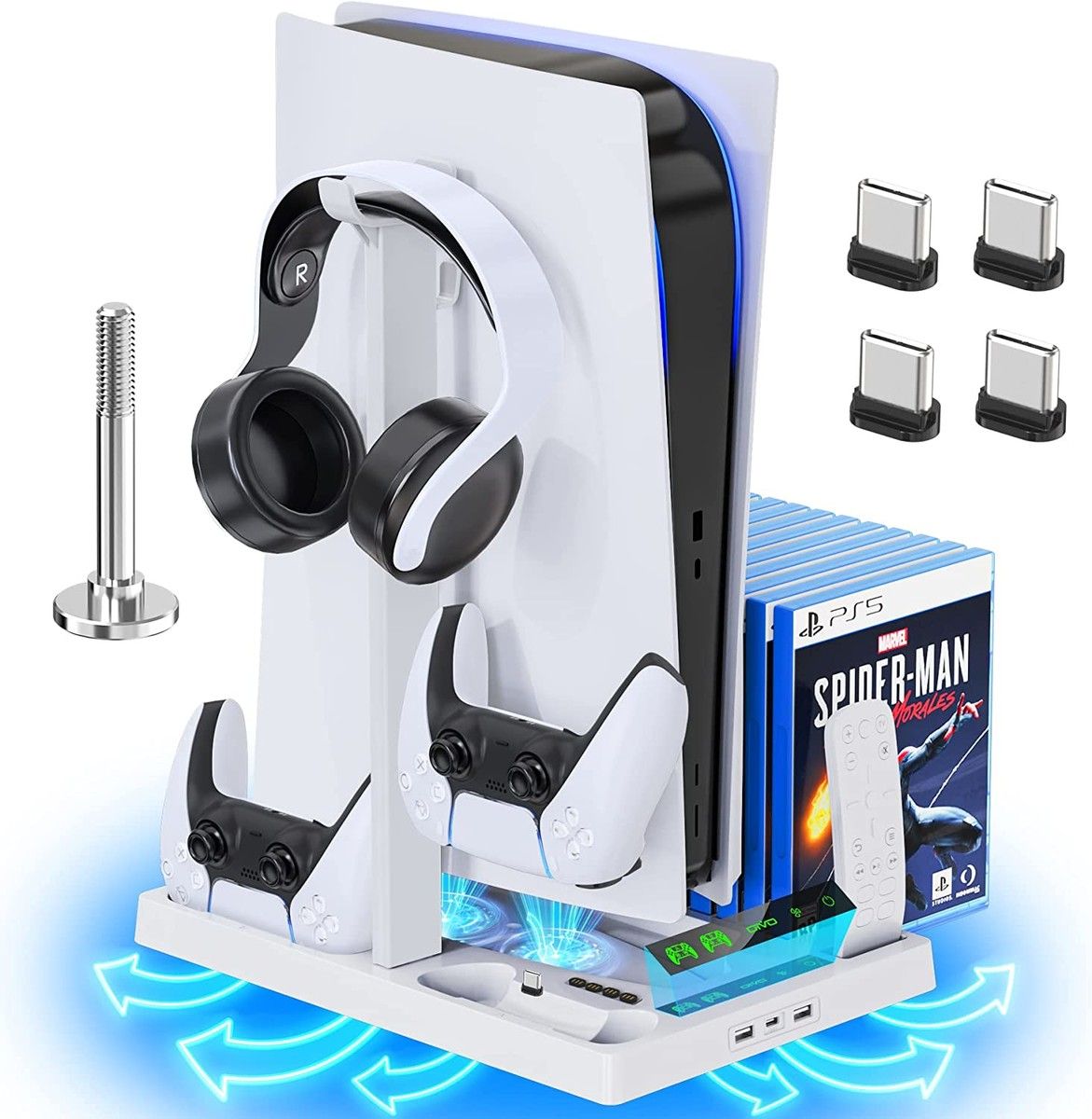 PS5 Stand with PS5 Controller Charging Station & Dual Suction Cooling Fans,PS5 Cooling Station,PS5 Controller Charger Game Organizer,PS5 Vertical Stand