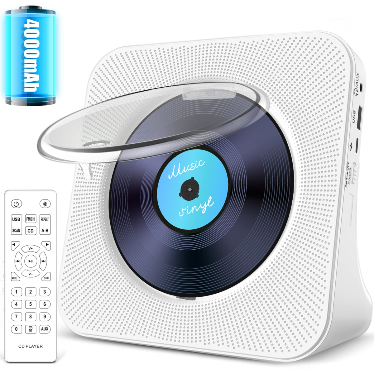 Portable CD Player with Bluetooth,4000mAh Rechargeable Kpop Music Player with HiFi Speaker,Remote Control,Sleep Timer,Headphone Jack,Supports FM Radio/U-Disk/AUX (White)