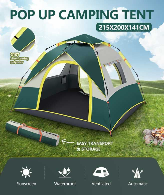 OGL 3 Person Tent Camping Pop Up Instant Beach Sun Shade Shelter Family Waterproof 215x200x141cm Green White