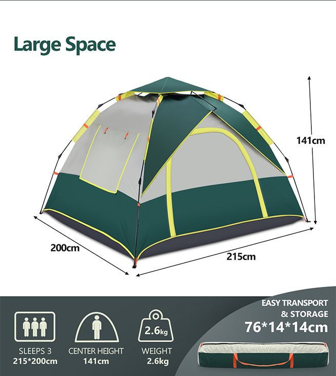 OGL 3 Person Tent Camping Pop Up Instant Beach Sun Shade Shelter Family Waterproof 215x200x141cm Green White
