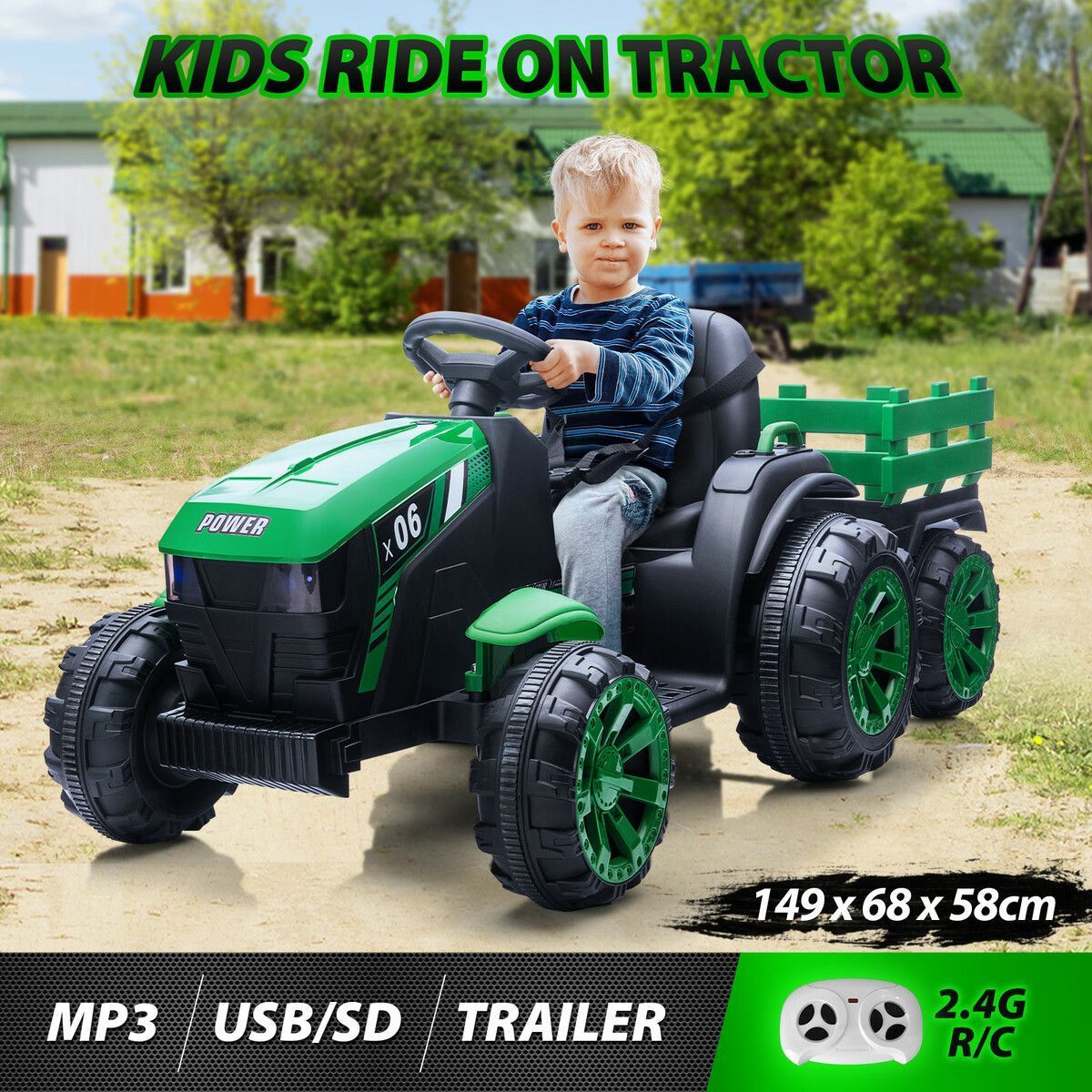 Kids Off Road Ride on Remote Control Electric Tractor Toy Trailer 12V Battery MP3 Player Safety Belt LED Light Green