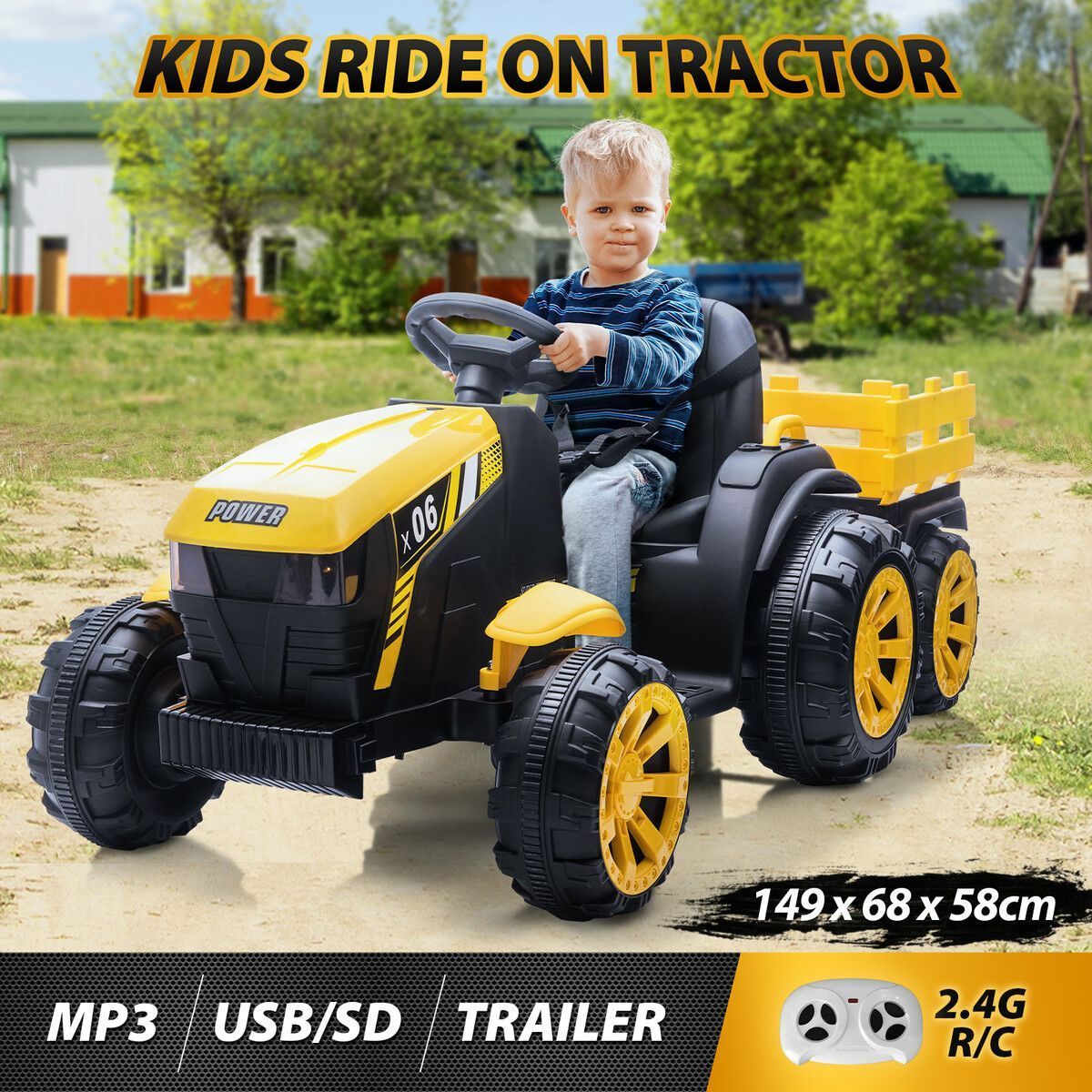 Kids Off Road Ride on Toy Tractor Remote Control 12V Battery Trailer MP3 Player Safety Belt LED Light Yellow