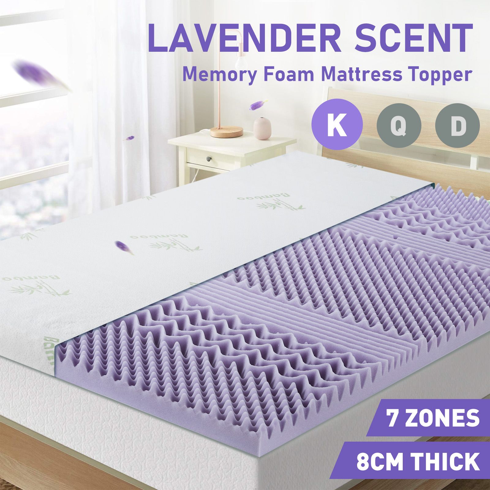 King Size Mattress Memory Foam Bed Topper Underlay Lavender Scent 8CM
