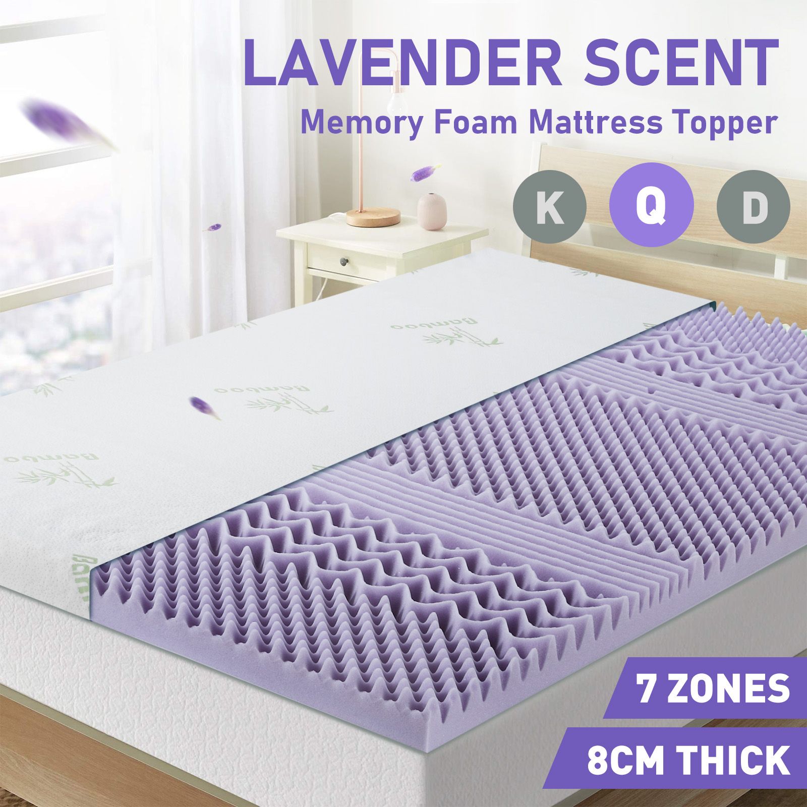 Queen Size Mattress Memory Foam Topper Bed Underlay Lavender Scent 8CM with Bamboo Cover