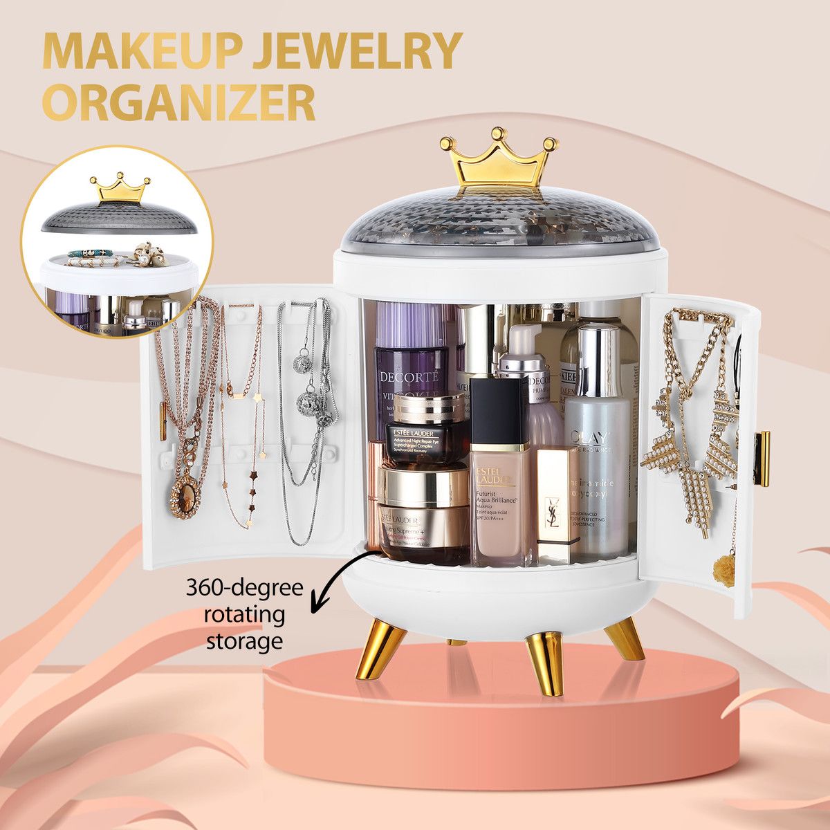 Rotating Makeup Organiser Storage Case Cosmetics Jewellery Box Holder Organizer Stand 360 Degree Spinning Plate Portable White