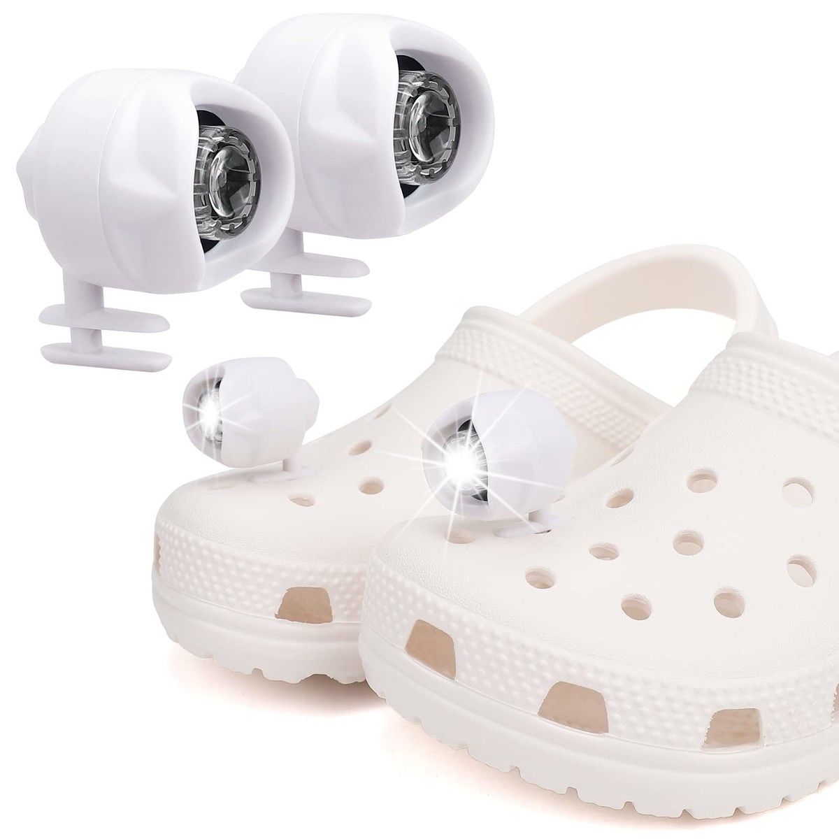 2Pcs Headlights for croc shoes, light up croc charms for Dog Walking, Camping, IPX5 Waterproof, Ultra Bright and Long Lasting Color white