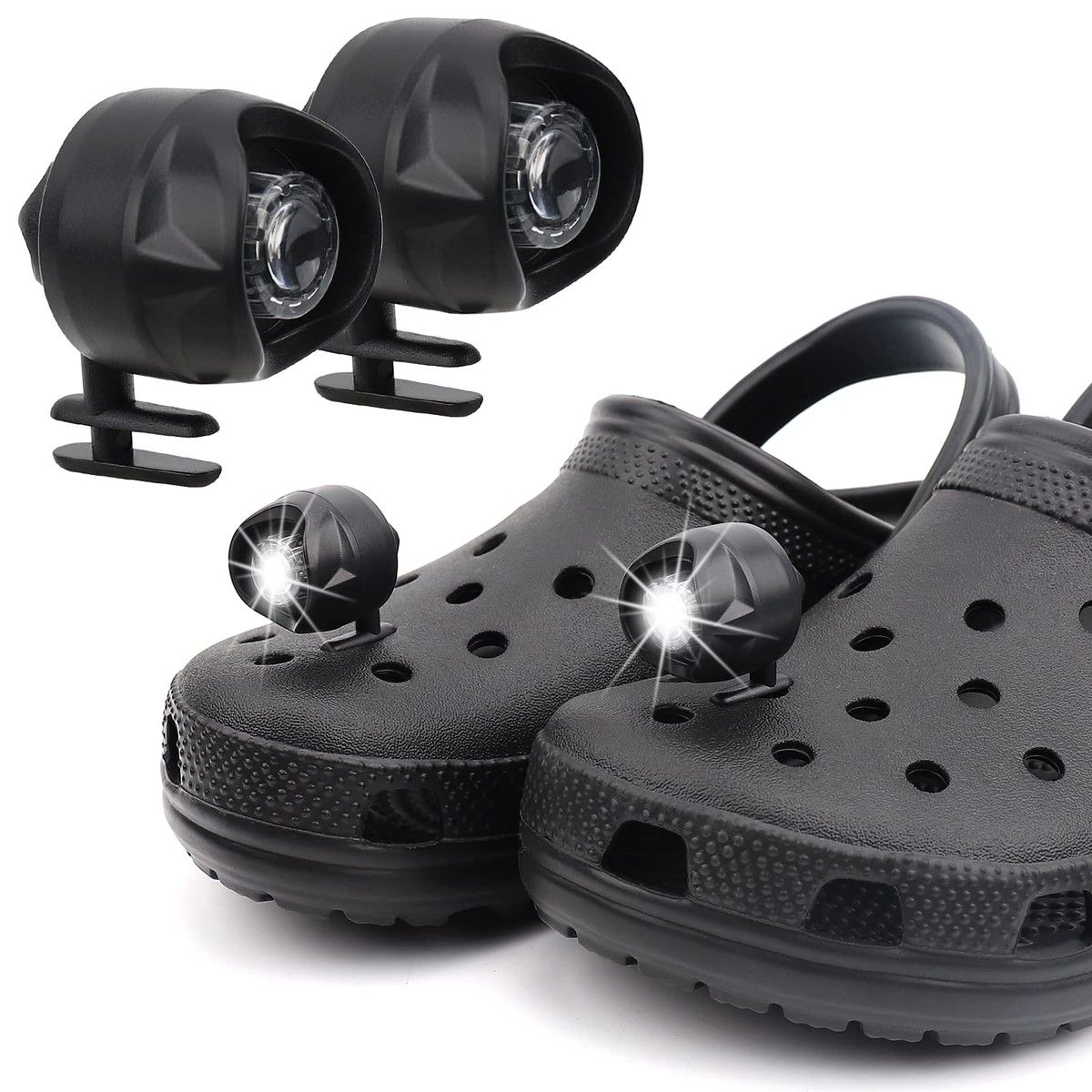 2Pcs Headlights for croc shoes, light up croc charms for Dog Walking, Camping, IPX5 Waterproof, Ultra Bright and Long Lasting Color Black