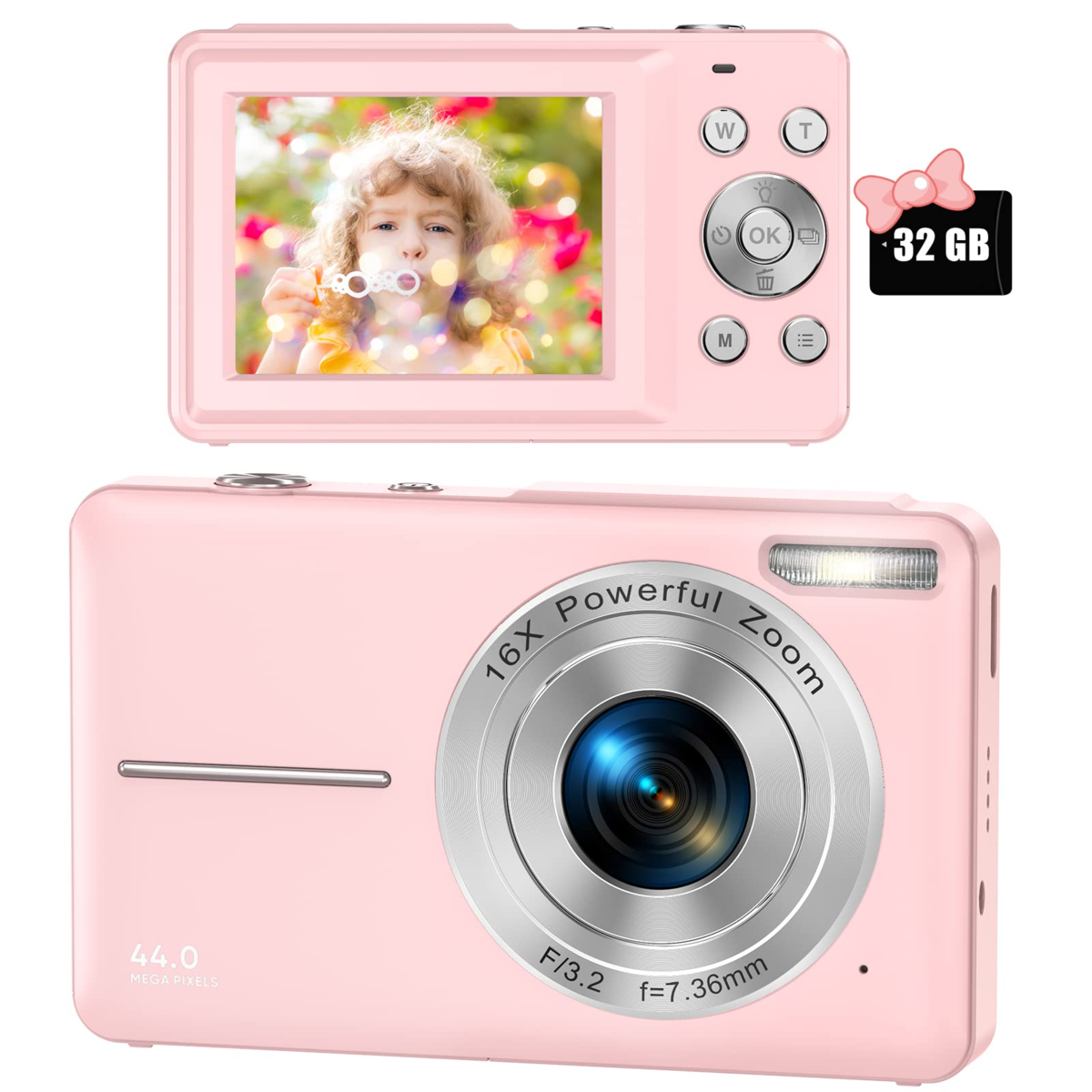 Digital Camera FHD 1080P Video Cam 16X Zoom Compact Point Selfie Shooting Portable Small for Kid Teen Student Boy Girl Senior Pink