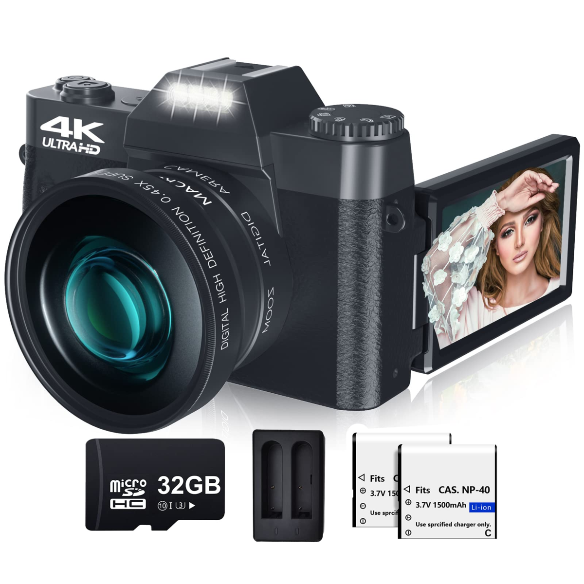 Digital Camera for Photography and Video 4K 48MP Vlogging Camera for YouTube with Flip Screen,16X Digital Zoom,52mm Wide Angle & Macro Lens,32GB TF Card,2 Batteries (Black)