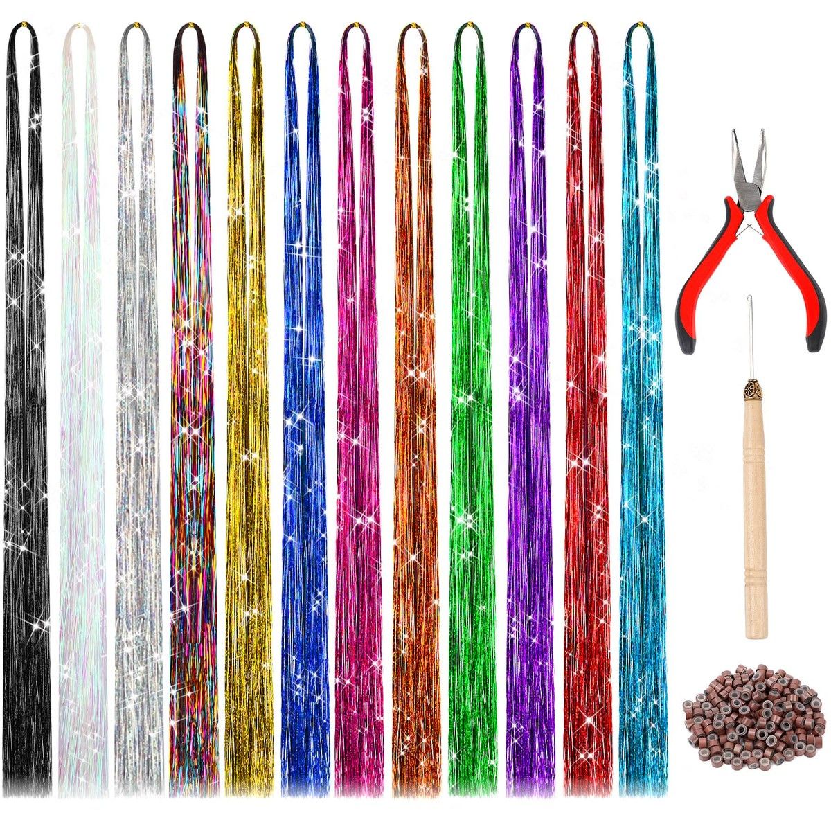 Hair Extension Tinsel with Tool 12 Colors 120cm Hair Extension Tinsel Kit Glitter Hair Accessories for Christmas New Year Halloween Cosplay Party