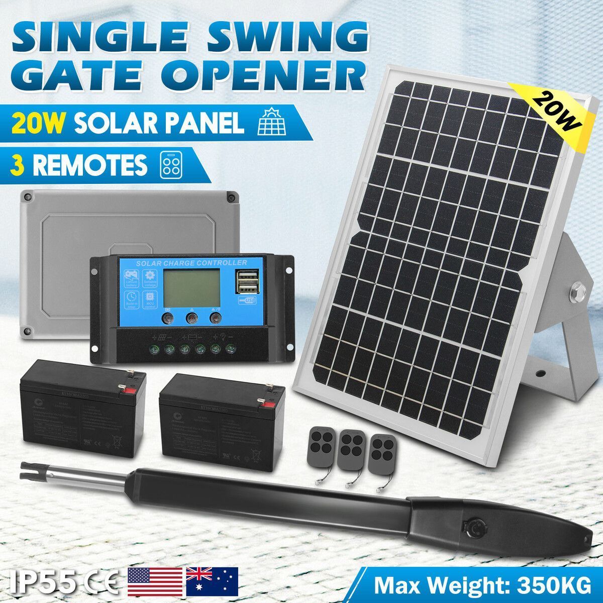 Solar Automatic Gate Opener Swing Door Operator Auto Motor System Opening 24V DC with Remote Controls