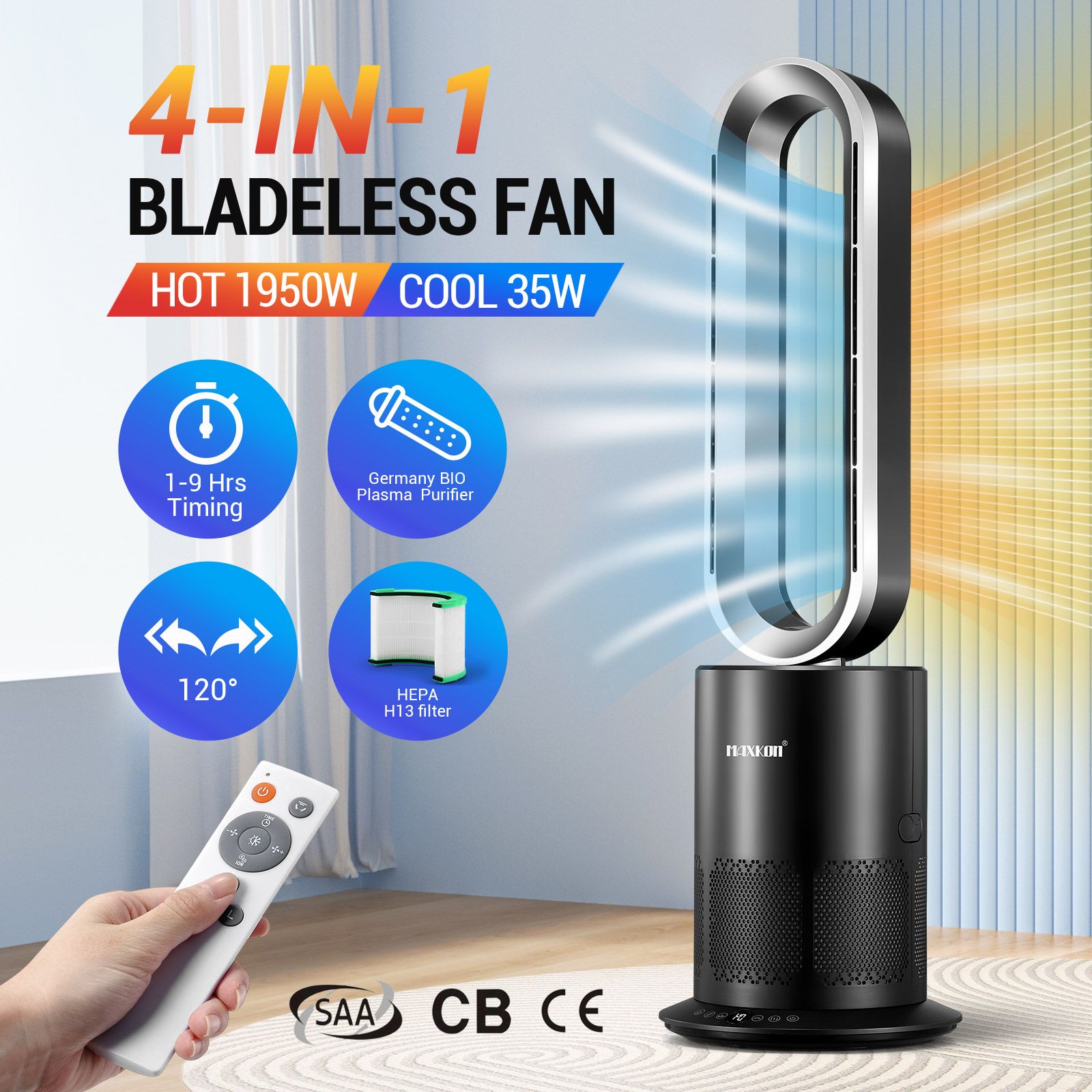 Tower Fan Heater Bladeless Oscillation 4 In 1 Electric Hot Cool Air HEPA Filter Plasma Disinfection Purifier